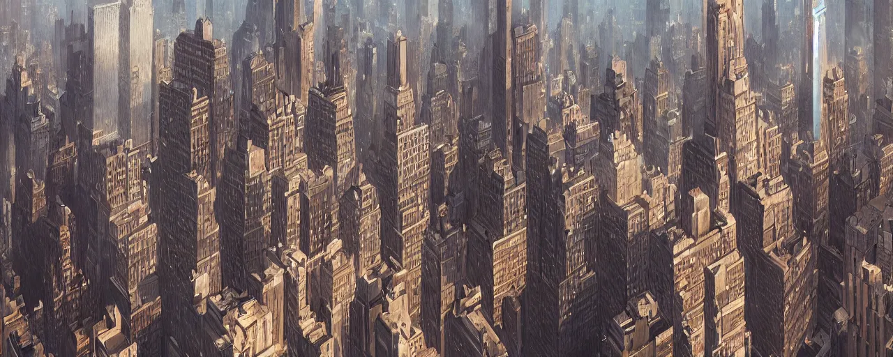 Image similar to photo of new york city center. aerial. architecture. cinematic lighting. photorealistic. trending on artstation. cgsociety. art by greg rutkowski and moebius