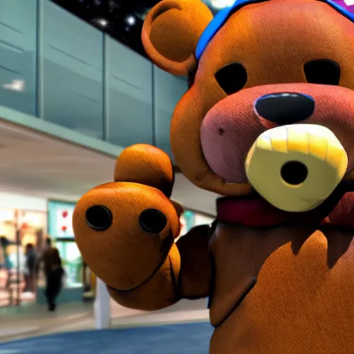 Prompt: Freddy Fazbear in a mall holding multiple bags, photorealistic, low-angle, 3D, 8K, as coherent as Dall-E 2