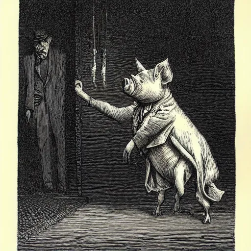 Image similar to a pig in a tuxedo, dark, creepy, eerie, petriying, frightening, spine-chilling, horrifying, scaring, harrowing, illustration by Gustave Doré