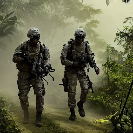 Image similar to Mercenary Special Forces soldiers in light grey uniforms with black armored vest and helmet escorting a VIP in the jungles of Tanoa, combat photography by Feng Zhu, highly detailed, excellent composition, cinematic concept art, dramatic lighting, trending on ArtStation