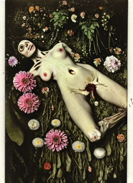 Image similar to beautiful and detailed rotten woman corpse made of plants and many types of stylized flowers like carnation, daisy, chrysanthemum, anemone, roses and tulips, intricate, surreal, john constable, gustave courbet, caravaggio, romero ressendi, bruno walpoth 1 9 1 0 polaroid photo