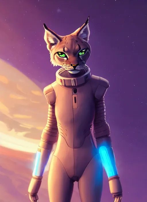 Prompt: wide angle beautiful full body portrait of a strong female anthropomorphic anthro lynx fursona wearing a futuristic space suit, paw pads instead of feet, character design by alena aenami, disney, anime, manga, charlie bowater, ross tran, artgerm, and makoto shinkai, furaffinity, detailed, soft lighting, rendered in octane