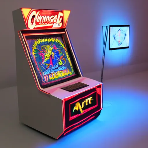 Image similar to 1990s arcade machine, octane render, unreal engine, digital art, Artstation, Trending on Artstation, Artstation HQ, Artstation HD, cgsociety, Pinterest, 8k , close up to the screen, wide angle, godrays, volumetric, reflections, cinematic, epic, ultra realistic, accurate, coherent, 3D Render,