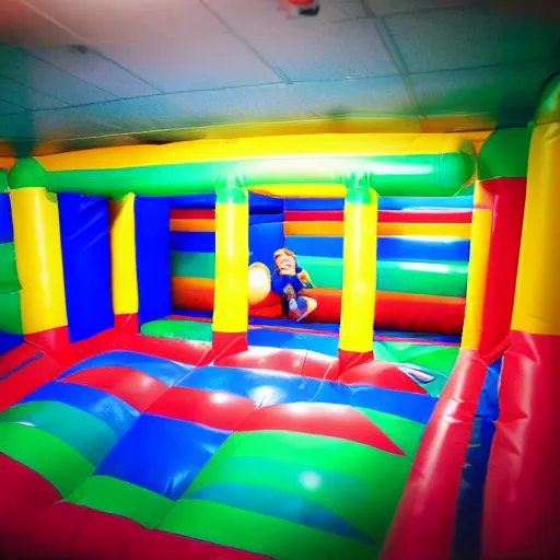 Image similar to a darkly lit indoor children's bounce house photo taken with a deposable camera limital space