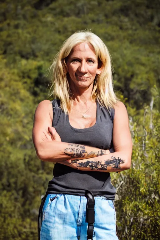 Prompt: photographic portrait of a blonde woman, 40 years old, brown sun tanned skin, tattoos down left arm and back, wearing a charcoal vest top, white shorts and hiking boots, stood in sunshine in front of a door