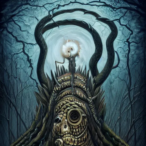 Prompt: a detailed painting of a tree disguised as a human with lots of snake eyes and sharp teeth and a long tongue screaming in the style of dark fantasy, hypnotic, dmt, artstation, ornate, 8k, deep focus,