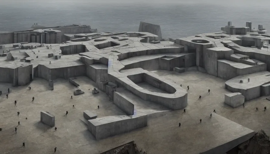 Image similar to big brutalist imperial military base on cliffs, drawing architecture, imperial architecture in rogue one, pritzker architecture prize, brutalism architecture, cinematic shot, by greig fraser, by emmanuel lubezki, robert richardson, hoyte van hoytema, roger deankins