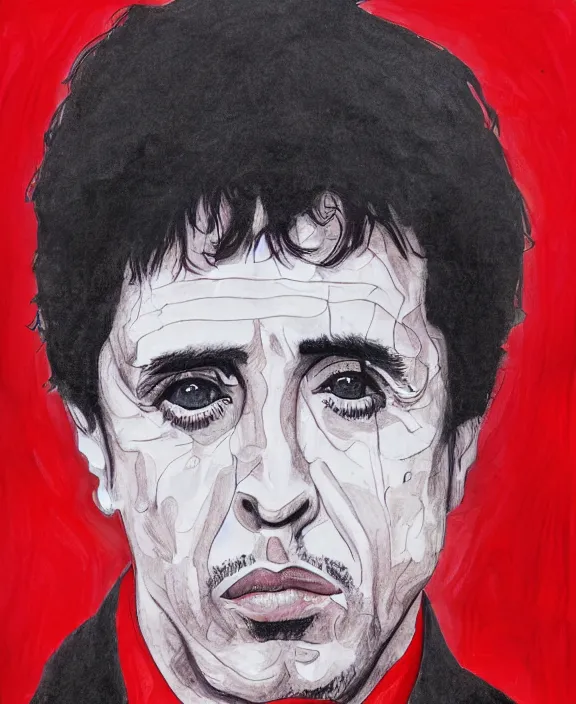 Image similar to headshot portrait. tony montana from movie scarface 1 9 8 3. al pacino, perfect symmetric face, coherent eyes, fine details., 4 k, red and black ink paint