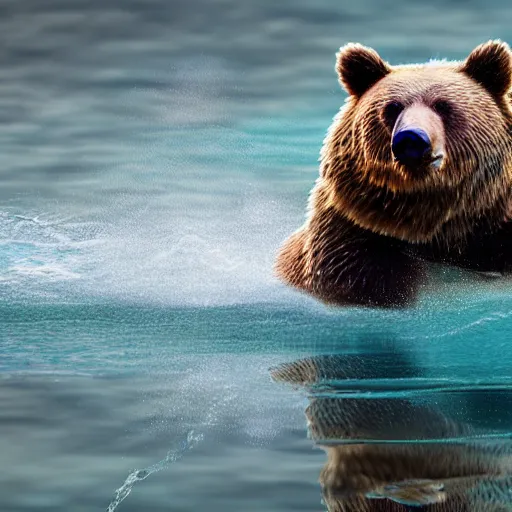 Prompt: A realistic photo of a bear swimming in the lake, detailed body, realistic light, detailed shaders, 8K resolution