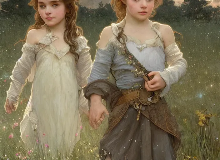 Image similar to A cute little girl with shoulder length curly brown hair and her younger brother with short blonde hair. They are standing in a field at night and the sky is filled with constellations. beautiful fantasy art by By Artgerm and Greg Rutkowski and Alphonse Mucha, trending on artstation.