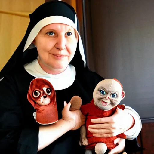 Image similar to a nun in church holding chucky the demonic killer doll on her lap