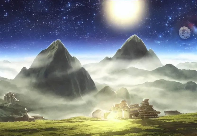 Prompt: a still from a studio ghibli film showing a huge giant grey starship. in the background is machu pichu on a misty and starry night. very dull muted colors, hd, 4 k, hq