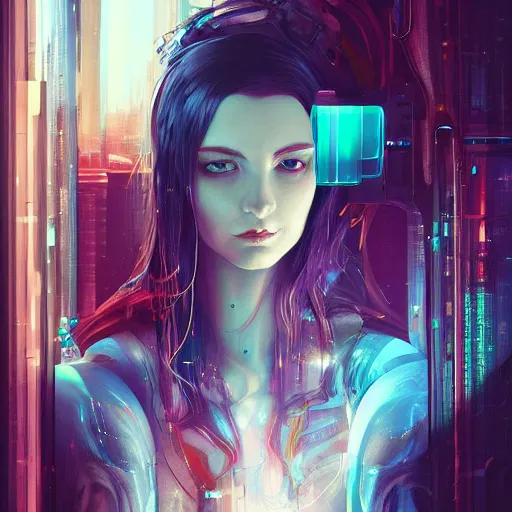 Prompt: art by anna dittmann, portrait of cyberpunk woman looking out of a window, cyberpunk setting, futuristic, highly detailed, intricate lighting, digital painting, sharp focus, illustration, trending on artstation