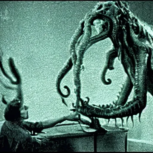 Image similar to a film still of Cthulhu in a David Cronenberg's film