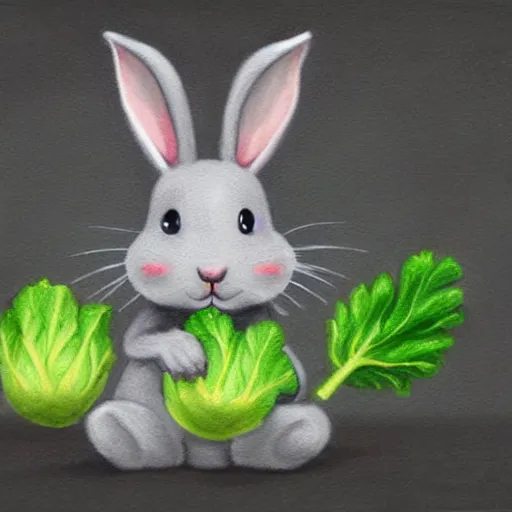 Image similar to a cute gray rabbit eating lettuce, mtg, fantasy art painting