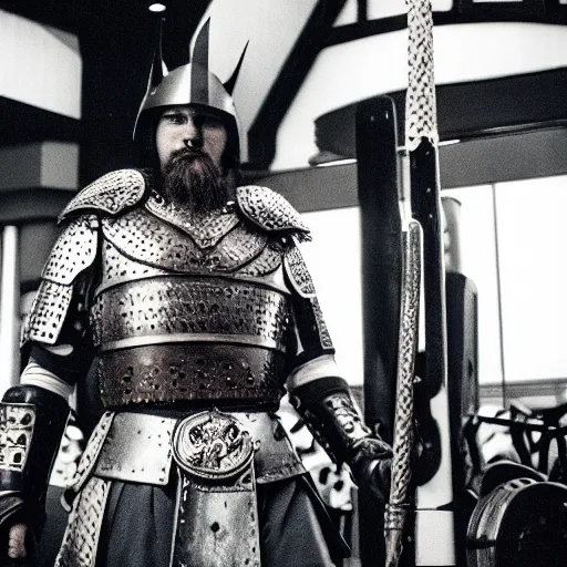 Prompt: photo of viking with armour at the gym cinestill, 8 0 0 t, 3 5 mm, full - hd