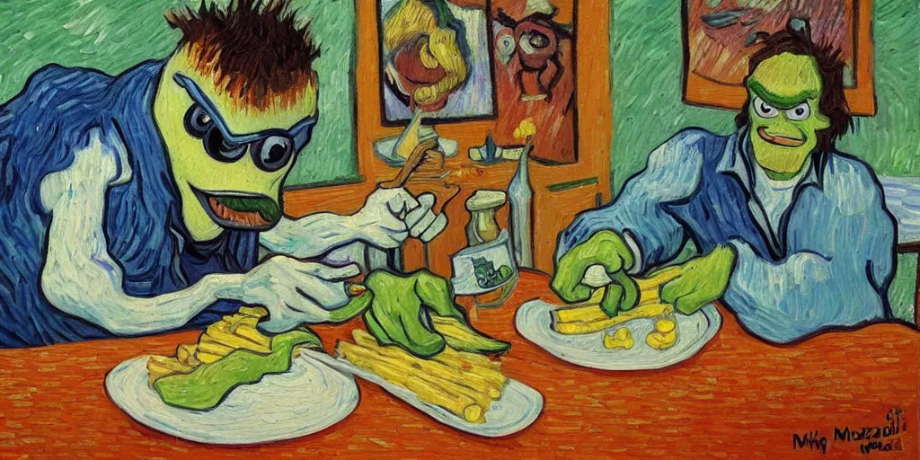 Prompt: mike wazowski eating a corn dog with his right hand while holding a comically large fork in his left hand, highly detailed, oil painting, van gogh