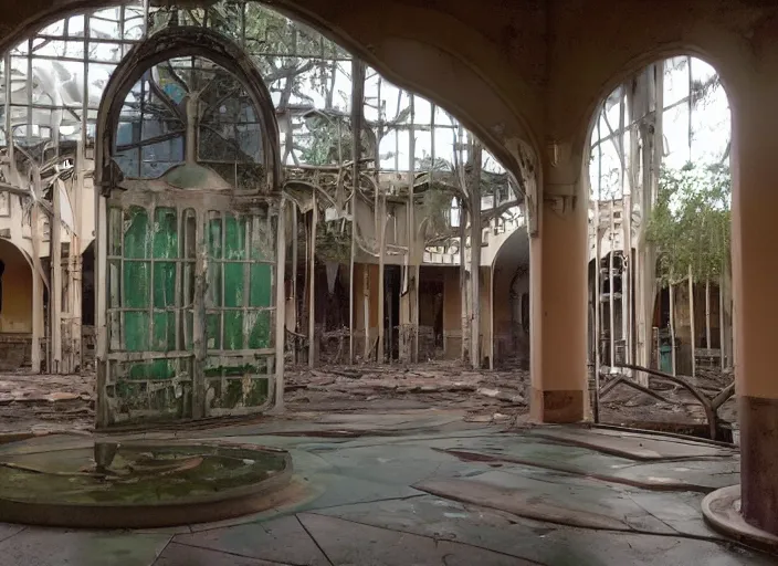 Prompt: the inside of the building Disney world park, shut down, abandoned, Florida, out of business, castle is falling apart, got shut down, kids place, liminal spaces, backrooms, empty, overgrown, Disney world, Disney land, theme park, roller coasters, Disney