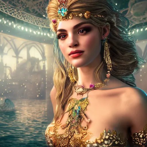 Image similar to portrait of mermaid princess, glowing, ornate and intricate jewelry, jaw dropping beauty, glowing background lighting, white accent lighting, hyper detailed, fairy tale, 4 k octane render
