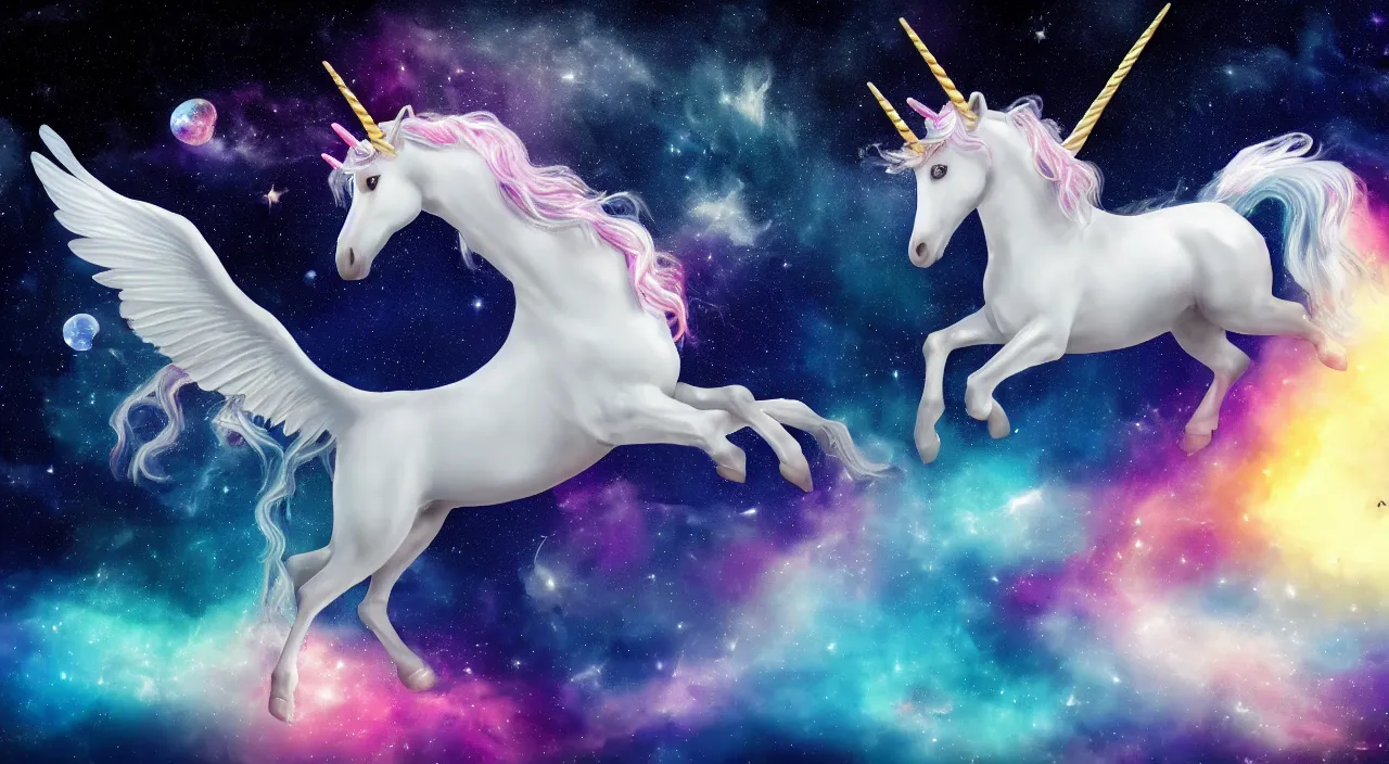 Prompt: a beautiful unicorn with wings flying in space