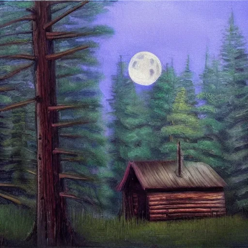 Prompt: peaceful forgotten cabin. masterpiece oil painting, dark, scary. endless tall trees in the background. the moon shines. hr gigor