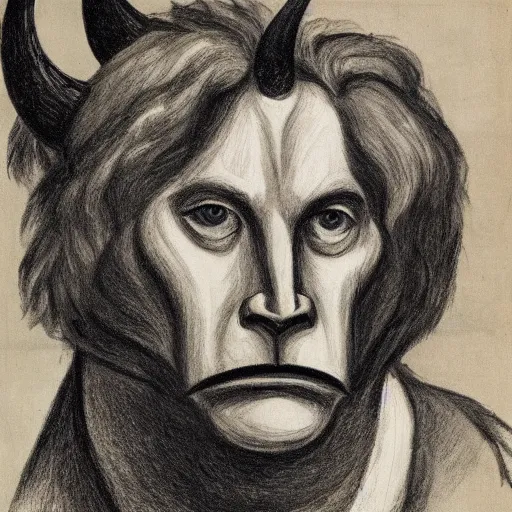 Prompt: a creature with the body and eyes of a man, with the beak of an eagle, the mane of a lion, and the horn of a bull. drawn by edward hopper