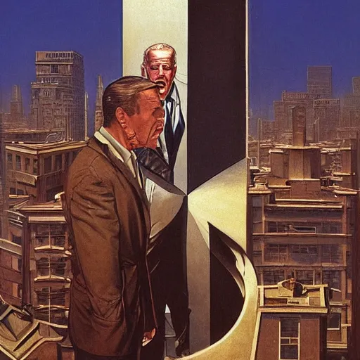 Image similar to immense, majestic, surreal, terrifying joe biden crushing buildings under his heel in streets of art deco city, perfectly clear face, by j. c. leyendecker and beksinski