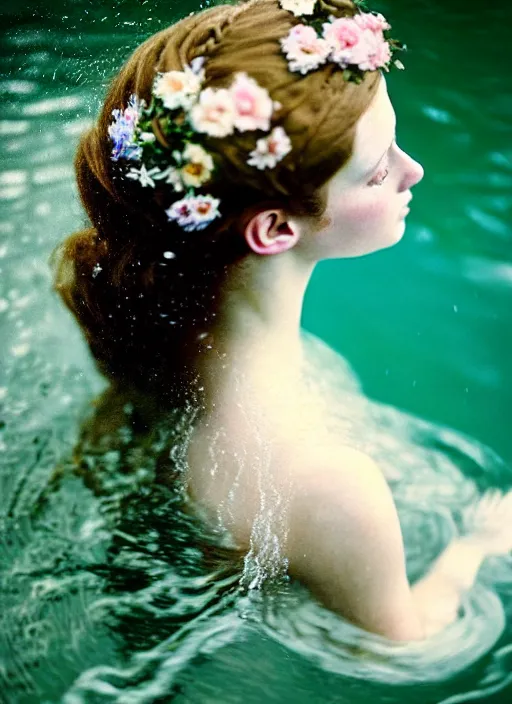 Image similar to Kodak Portra 400, 8K, soft light, volumetric lighting, highly detailed, britt marling style 3/4, extreme Close-up portrait photography of a beautiful woman how pre-Raphaelites with half face in the water, the hair floats on the water, a beautiful lace dress and hair are intricate with highly detailed realistic beautiful flowers , Realistic, Refined, Highly Detailed, natural outdoor soft pastel lighting colors scheme, outdoor fine art photography, Hyper realistic, photo realistic