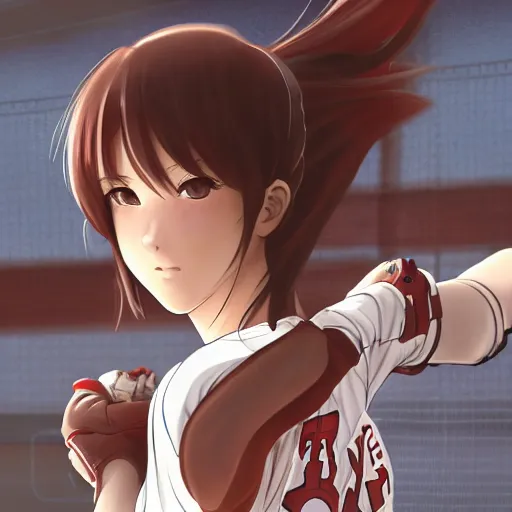 Image similar to anime style, female baseball player, red sport clothing, baseball stadium, launching a straight ball, brown short hair, hair down, symmetrical facial features, from arknights, hyper realistic, rule of thirds, extreme detail, 4 k drawing, safebooru, realistic lighting, by alphonse mucha, greg rutkowski, sharp focus, backlit