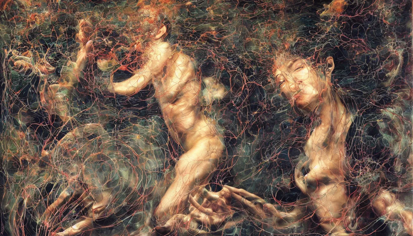 Prompt: realistic detailed photo rendered in octane 3d , Leaving the body in a room with wires, mysticism, by Francis Bacon, by Amano, Karol Bak, Greg Hildebrandt, Ayami Kojima and Mark Brooks deep colors. Beksinski painting, art by Takato Yamamoto. smooth shading, ultra detailed, high resolution, masterpiece. rendered in blender, ultra realistic, cinematic, unreal 6