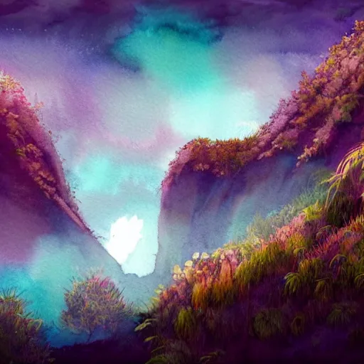 Prompt: beautiful lush natural scene on another planets cliffs, with interesting creatures. different than earth but beautiful. lightfall. beautiful detailed artistic watercolor 8 k hd. trending on artstation and deviantart.