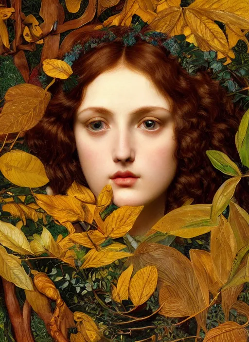 Prompt: masterpiece beautiful seductive flowing curves preraphaelite face portrait amongst leaves, extreme close up shot, straight bangs, thick set features, yellow ochre ornate medieval dress, laying amongst foliage mushroom forest circle arch, frederic leighton and kilian eng and rosetti and preraphaelites, 4 k