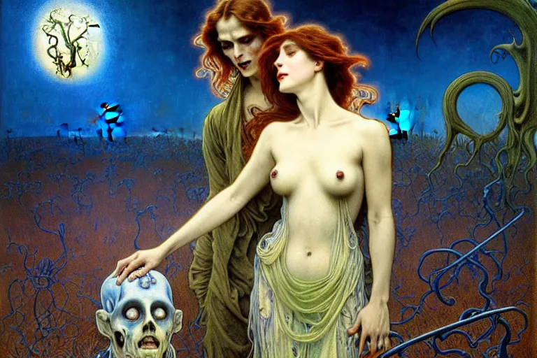 Image similar to realistic detailed portrait painting of a beautiful ghost woman with a male zombie, nightly graveyard landscape background by Jean Delville, Amano, Yves Tanguy, Alphonse Mucha, Ernst Haeckel, Edward Robert Hughes, Roger Dean, masterpiece, cinematic composition, dramatic pose, 4k details, rich moody colours, blue eyes