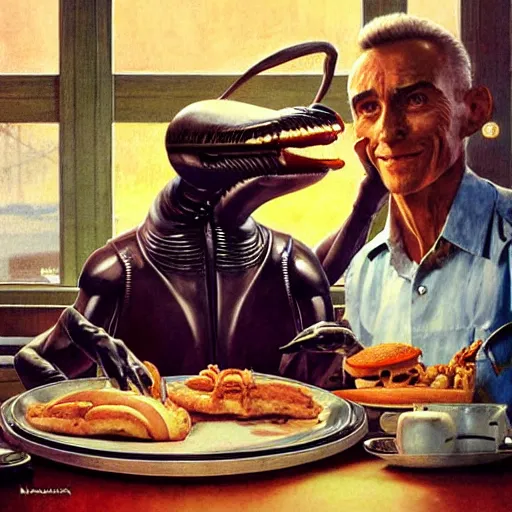 Prompt: hyper realistic, detailed beautiful cute alien, eating a cheeseburger, at a 5 0 s diner, painted by norman rockwell, greg rutkowski, john howe, wlop, artgerm