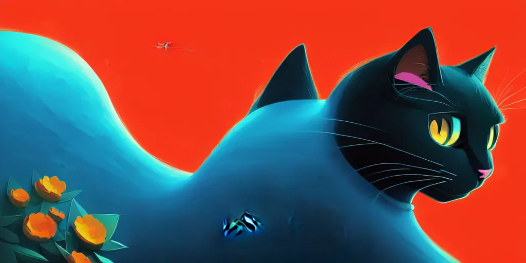 Prompt: curved perspective, extreme narrow, extreme fisheye, digital art of a big female black cat with blue flower by anton fadeev from nightmare before christmas