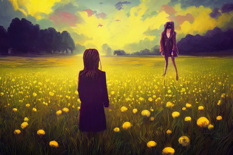 Image similar to giant thistle flower head, girl in suit in field of flowers, surreal photography, sunrise, blue sky, dramatic light, impressionist painting, digital painting, artstation, simon stalenhag