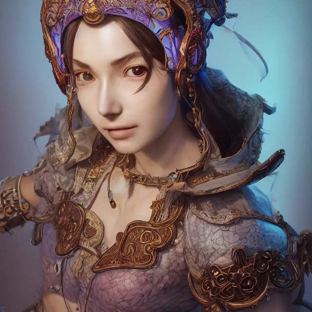 Image similar to studio portrait of neutral good colorful female cleric bard healer as absurdly beautiful, elegant, young skinny gravure idol, ultrafine hyperrealistic detailed face illustration by kim jung gi, irakli nadar, intricate linework, sharp focus, bright colors, matte, octopath traveler, final fantasy, unreal engine highly rendered, global illumination, radiant light, intricate environment