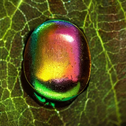 Image similar to an ultra high definition and realistic iridiscent scarab in the jungle, close-up, 35mm