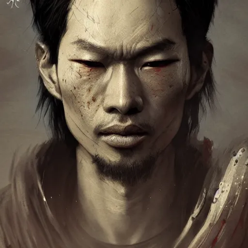 Image similar to Sickly diseased dying Samurai warrior, portrait by Cedric Peyravernay, highly detailed, excellent composition, cinematic concept art, dramatic lighting, trending on ArtStation