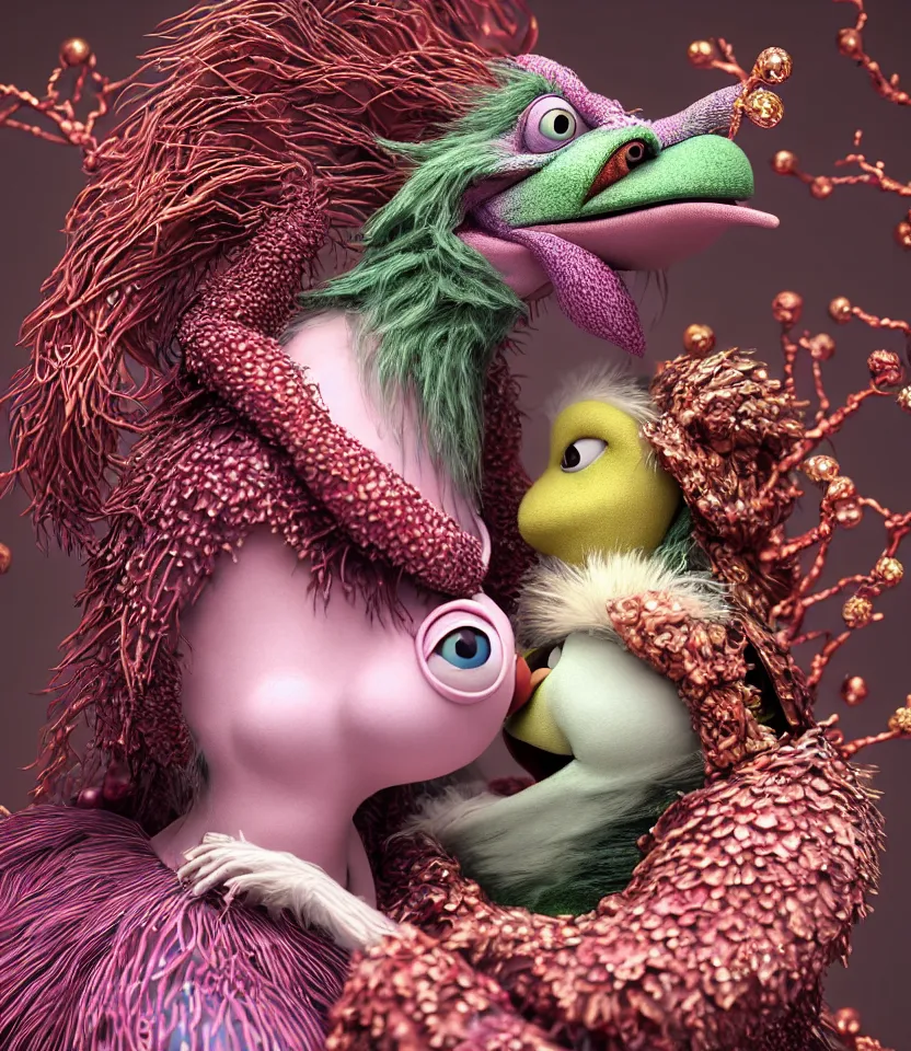 Image similar to hyper detailed 3d render like a Oil painting - kawaii portrait of hopeful lovers hugging tight or kissing pecking adorably Aurora (a beautiful girl skeksis muppet fae princess protective playful expressive acrobatic from dark crystal that looks like Anya Taylor-Joy) seen red carpet photoshoot in UVIVF posing in scaly dress to Eat of the Strangling network of yellowcake aerochrome and milky Fruit and His delicate Hands hold of gossamer polyp blossoms bring iridescent fungal flowers whose spores black the foolish stars by Jacek Yerka, Ilya Kuvshinov, Mariusz Lewandowski, Houdini algorithmic generative render, golen ratio, Abstract brush strokes, Masterpiece, Edward Hopper and James Gilleard, Zdzislaw Beksinski, Mark Ryden, Wolfgang Lettl, hints of Yayoi Kasuma and Dr. Seuss, Grant Wood, octane render, 8k