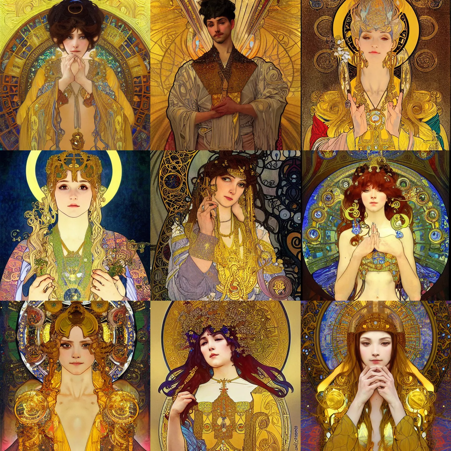 Prompt: detailing character concept portrait painting of sacred high priest, high fantasy, mythic , art station, trending, editor’s pickup, delicate detailing golden stroke, by Alphonse Mucha and Gustav Klimt, yositaka amino, rokoko