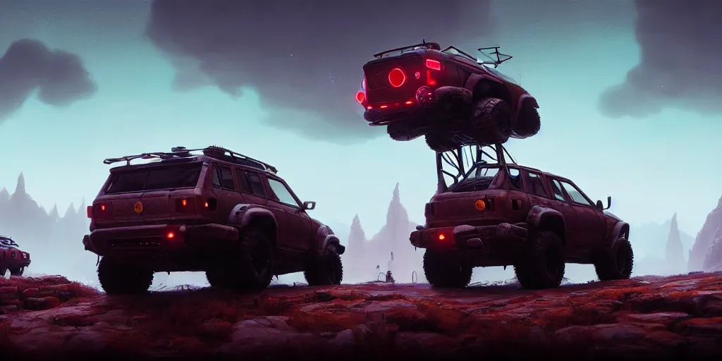 Image similar to a beautiful concept offroad suv, an epic fantasy, dramatic lighting, cinematic, establishing shot, extremely high detail, photorealistic, cinematic lighting, artstation, by simon stalenhag, horizon forbidden west