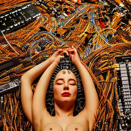 Image similar to tapping in to something greater, piles of modular synth cables, goddess laying down wearing a big headpiece made of circuit boards in a photo shoot for balenziaga, wlop, stanley kubrick, masamune, unique perspective, eastman color, perfect details, trending on artstation, 3 d render, smooth render, wlop