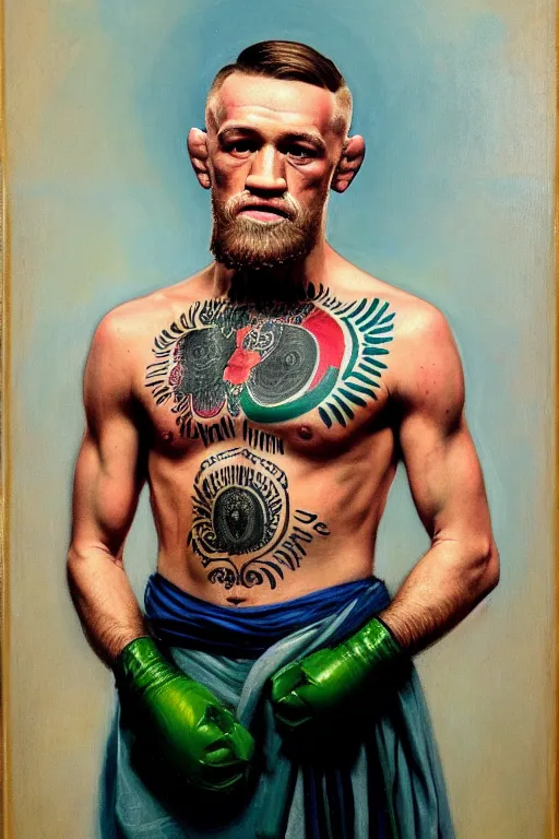 Prompt: full body portrait of conor mcgregor as mahatma gandhi, oil on canvas by william sidney mount, hindu art, great soul, irish folk, trending on artstation