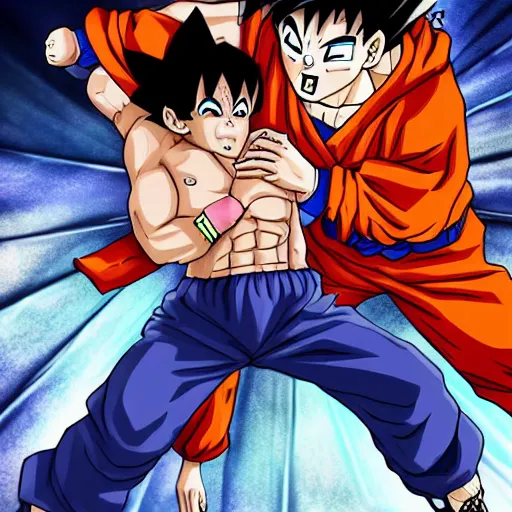 Prompt: ben shwartz getting punched in the stomach really hard by goku