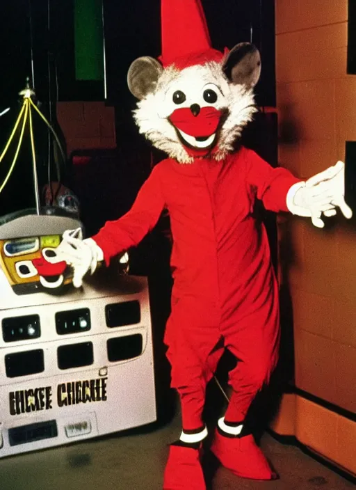 Image similar to Chuck E. Cheese mascot grainy 1980’s circus portrait of an anthropomorphic rat animatronic dressed like a clown, professional portrait HD, mouse, Chuck E. Cheese head, authentic, mouse, costume weird creepy, off putting, nightmare fuel, Chuck E. Cheese