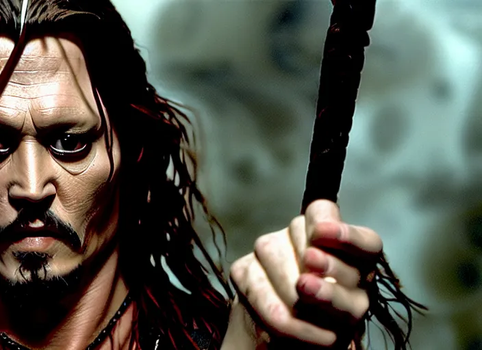 Image similar to filmstill johnny depp as aragorn, 1 0 0 mm lens, canon eos, red cinema camera, frontal view, dynamic pose, intricate, elegant, highly detailed, centered, redshift, octane, smooth, sharp focus, zeiss lens,