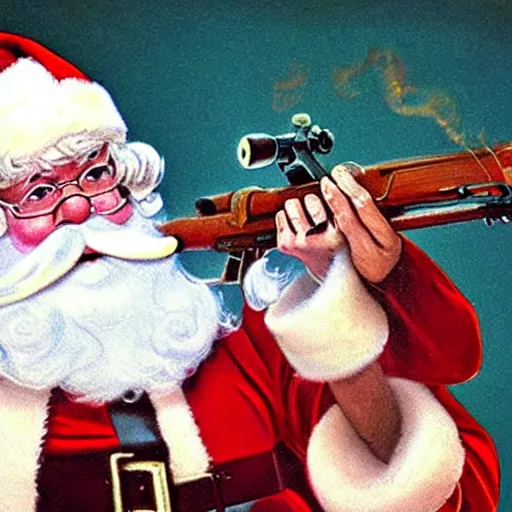 Prompt: closeup of santa firing a sniper rifle, photorealistic, 1970s aesthetic, detailed