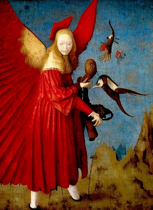 Image similar to fallen angel dressed in red with wings by Jan van Eyck, Hieronymus Bosch, Johannes Vermeer 4k post-processing, highly detailed medieval painting