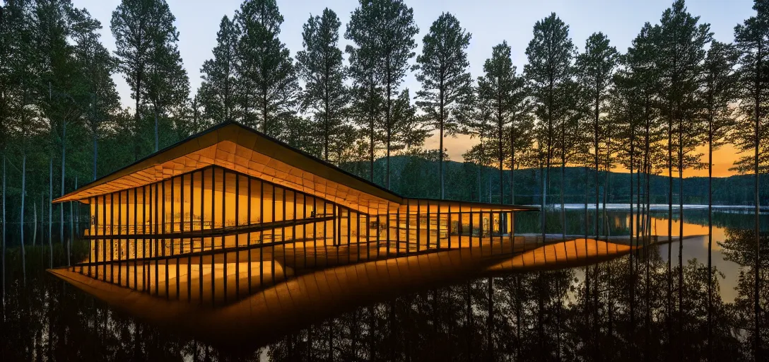 Image similar to faceted roof planes lift and descend creating shade and architectural expression, highly detailed, situated in the forest, next to a highly reflective lake, at dusk, vivid color